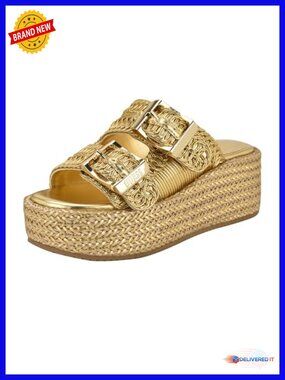Gold PU Platform Slide Sandals with Woven Detail